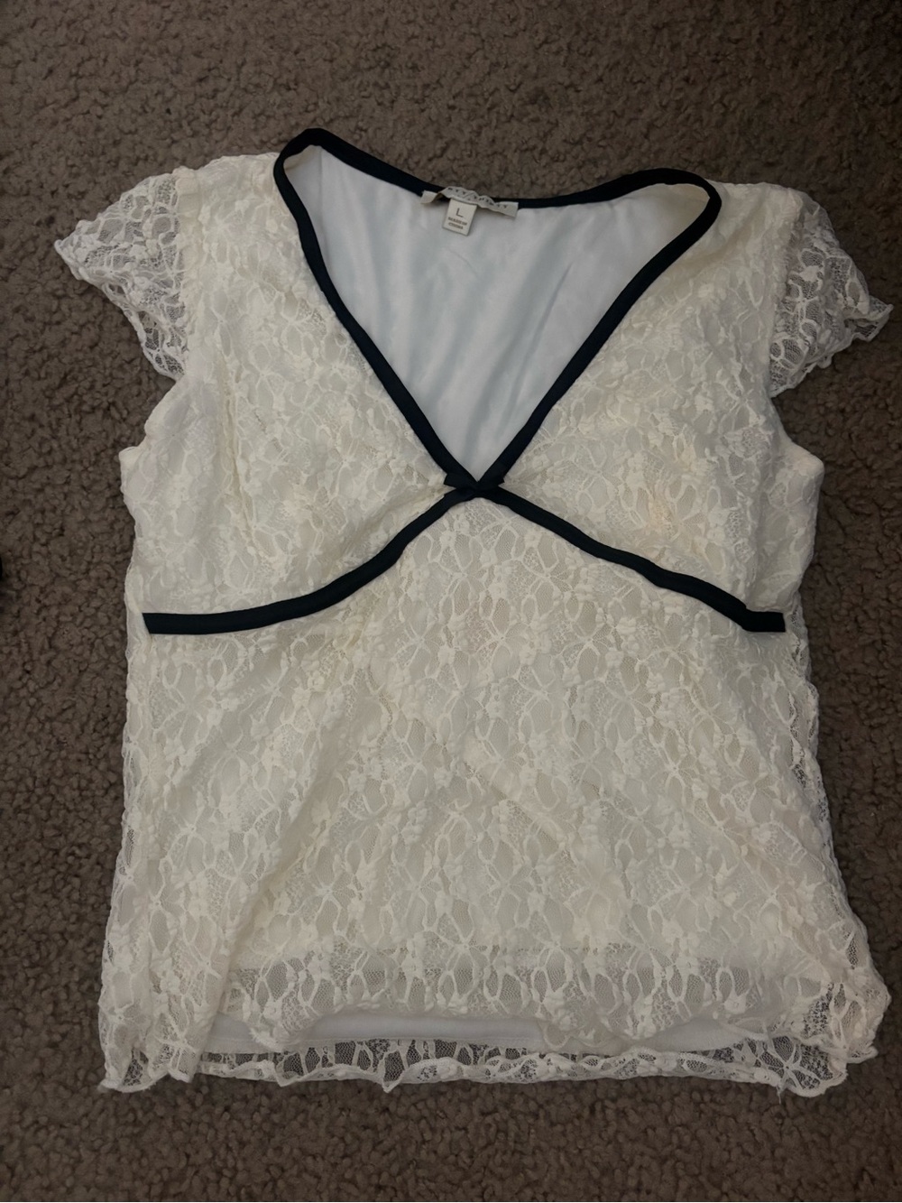 White Lace V-Neck Blouse with Black Contrast Trim